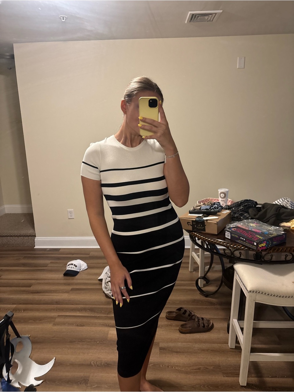 Zara Black and White Striped Knit Midi Dress